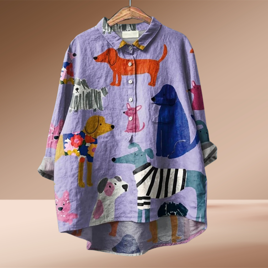Bella™ | Unik Damebluse med Kunstnerisk Hundeprint